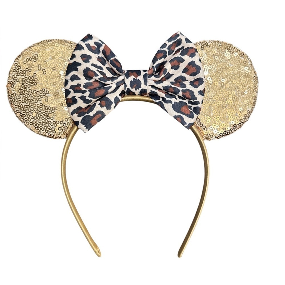 Leopard Print Bow and Gold Sequin Ears Headband
